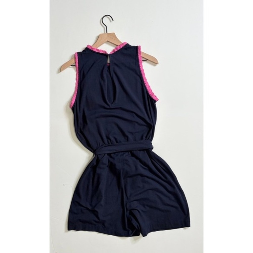 BODEN Caitlin Jersey Knit Romper Playsuit Crochet Trims Navy Blue Pink 8 Tall - Picture 10 of 16